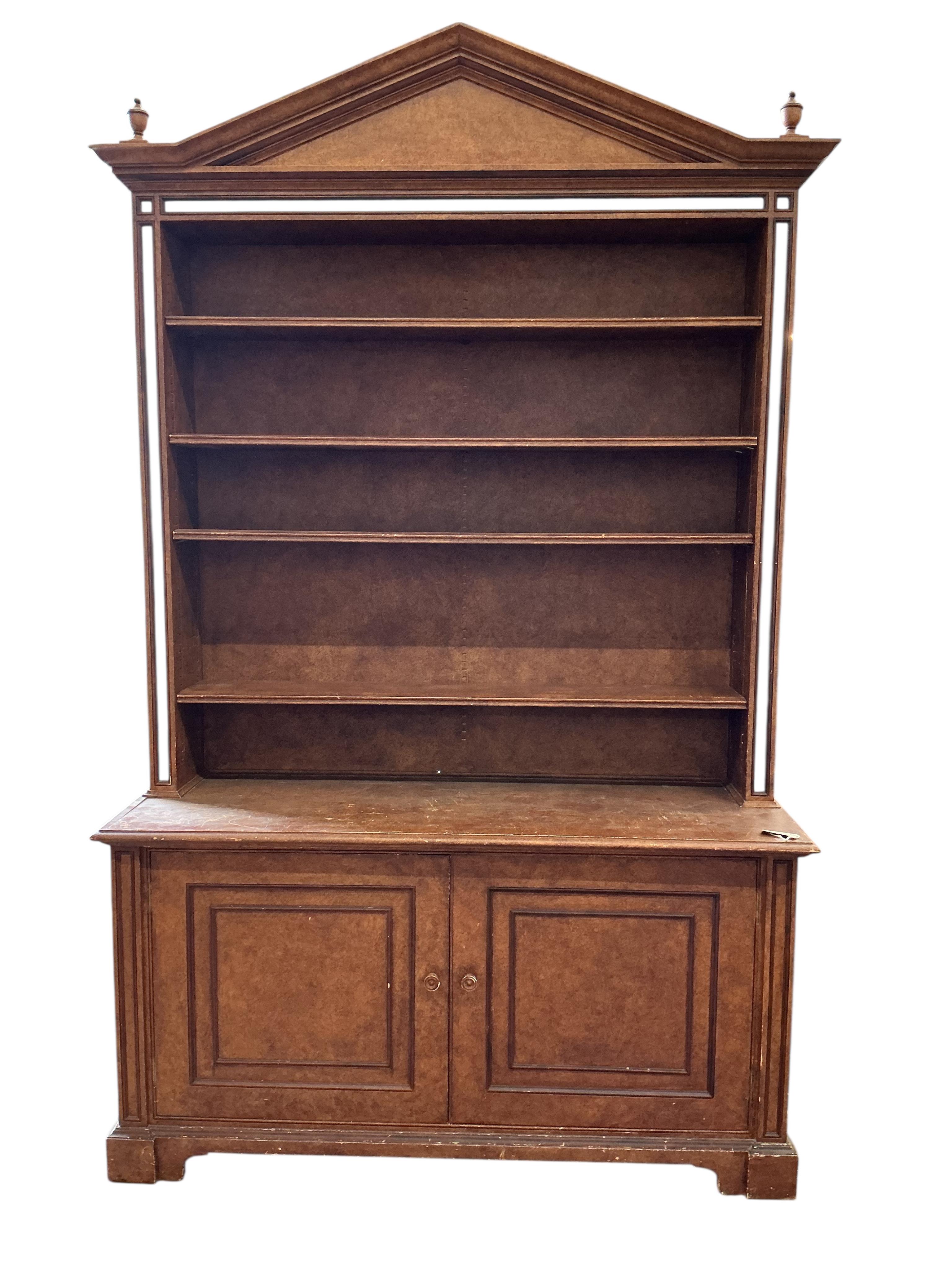A reproduction George III style oak open library bookcase with painted simulated grain, width 144cm, depth 48cm, height 237cm